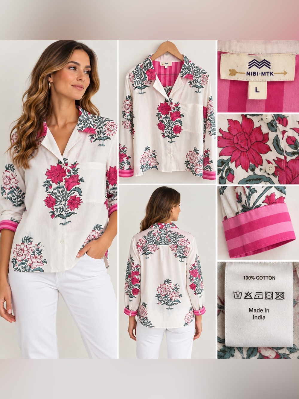 Nibi-Mtk Floral Block Print Cotton Button Down Shirt Pink Green Size L